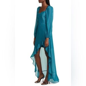 Floret Studios Cascading Ruffle Long Sleeve Satin Dress - teal - small - nwt